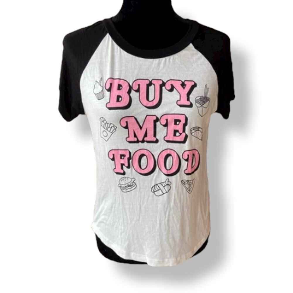 It Closet‎ Juniors Womens Top Size Medium Black White Baseball Tee Buy Me Food